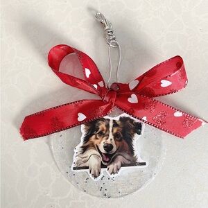 Australian Shepard Red Heart Ribbon Dog Ornament or purse Charm
